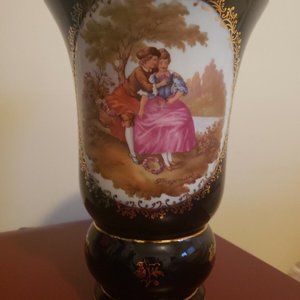 Limoges Fragonard Veritable Porcelaine Blue Cobalt Pastoral Themed Vase